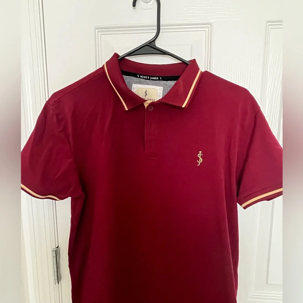 Scott James polo men shirt burgundy and yellow shirt sleeves medium - Picture 2 of 4